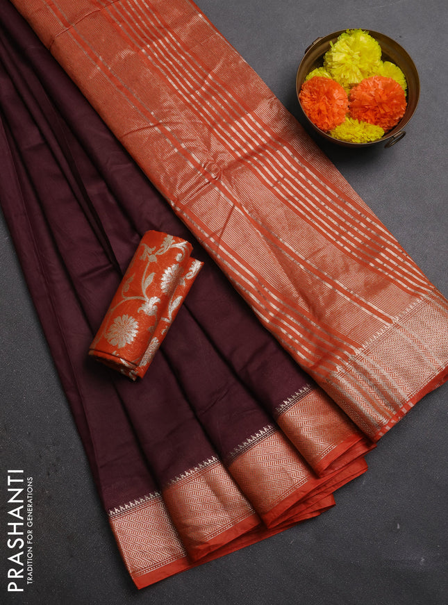 Coffee Brown & Rust Semi Mangalgiri Cotton Saree - Brocade Blouse