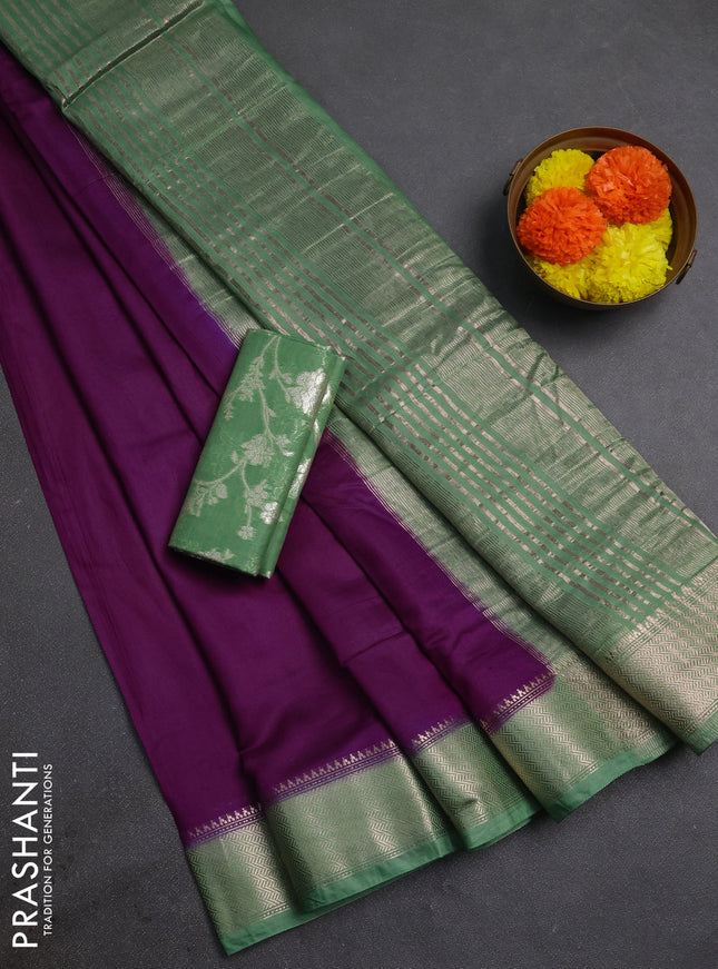 Purple & Green Semi Mangalgiri Cotton Saree - Brocade Blouse