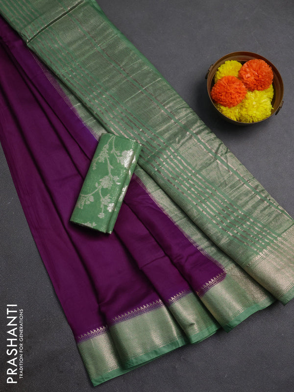 Purple & Green Semi Mangalgiri Cotton Saree - Brocade Blouse