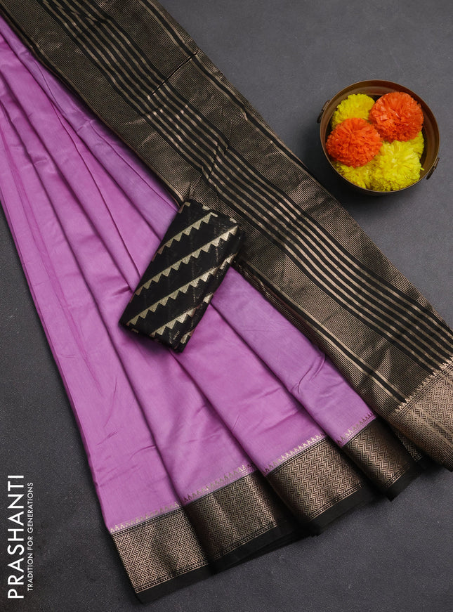Lavender & Black Semi Mangalgiri Cotton Saree - Brocade Blouse