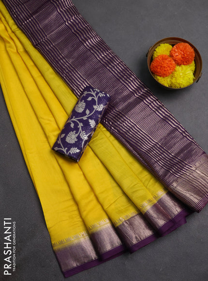 Yellow & Violet Semi Mangalgiri Cotton Saree - Brocade Blouse