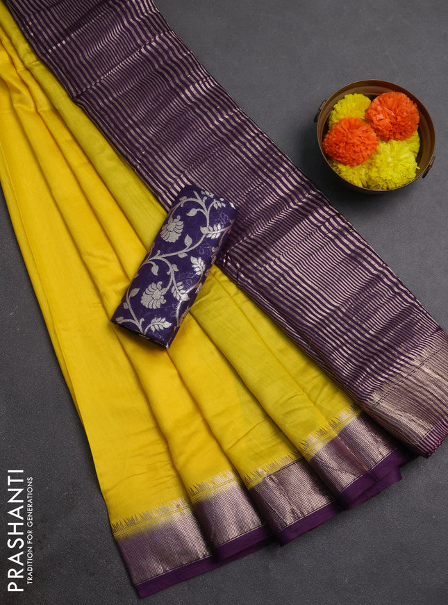 Yellow & Violet Semi Mangalgiri Cotton Saree - Brocade Blouse