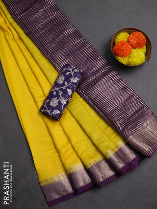 Yellow & Violet Semi Mangalgiri Cotton Saree - Brocade Blouse