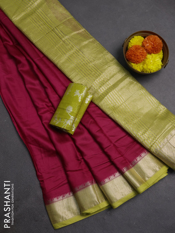 Tomato Pink & Green Semi Mangalgiri Cotton Saree - Brocade Blouse