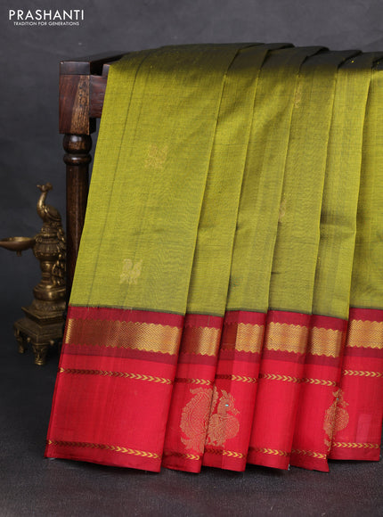 Silk cotton saree mehendi green and red with plain body and long zari woven korvai border
