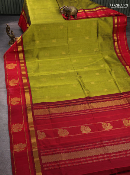Silk cotton saree mehendi green and red with plain body and long zari woven korvai border