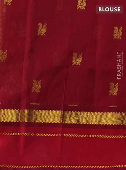 Silk cotton saree mehendi green and red with plain body and long zari woven korvai border