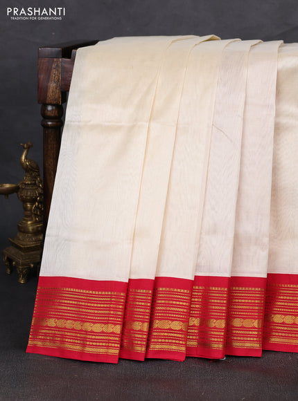 Silk cotton saree off white and red with plain body and zari woven korvai border