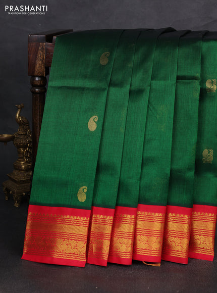 Silk cotton saree bottle green and red with zari woven buttas and zari woven korvai border