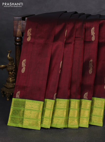 Silk cotton saree deep maroon and light green with zari woven buttas and zari woven korvai border