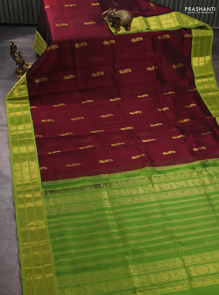 Silk cotton saree deep maroon and light green with zari woven buttas and zari woven korvai border