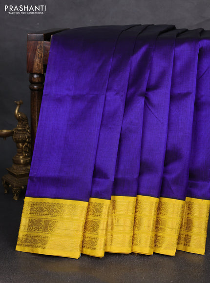 Silk cotton saree violet and lime yellow with plain body and zari woven korvai border