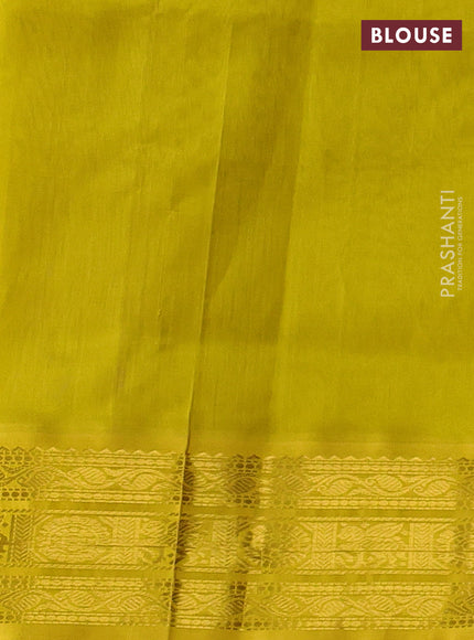 Silk cotton saree violet and lime yellow with plain body and zari woven korvai border