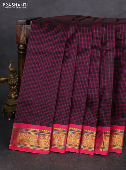 Silk cotton saree deep jamun shade and pink with allover small checked pattern and zari woven korvai border