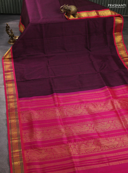 Silk cotton saree deep jamun shade and pink with allover small checked pattern and zari woven korvai border