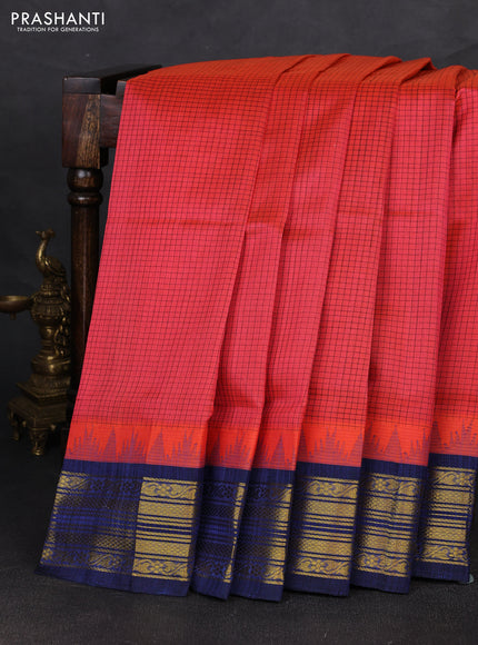 Silk cotton saree dual shade of pinkish orange and blue with allover small zari checked pattern and zari woven korvai border