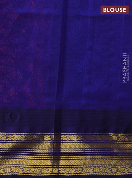 Silk cotton saree dual shade of pinkish orange and blue with allover small zari checked pattern and zari woven korvai border