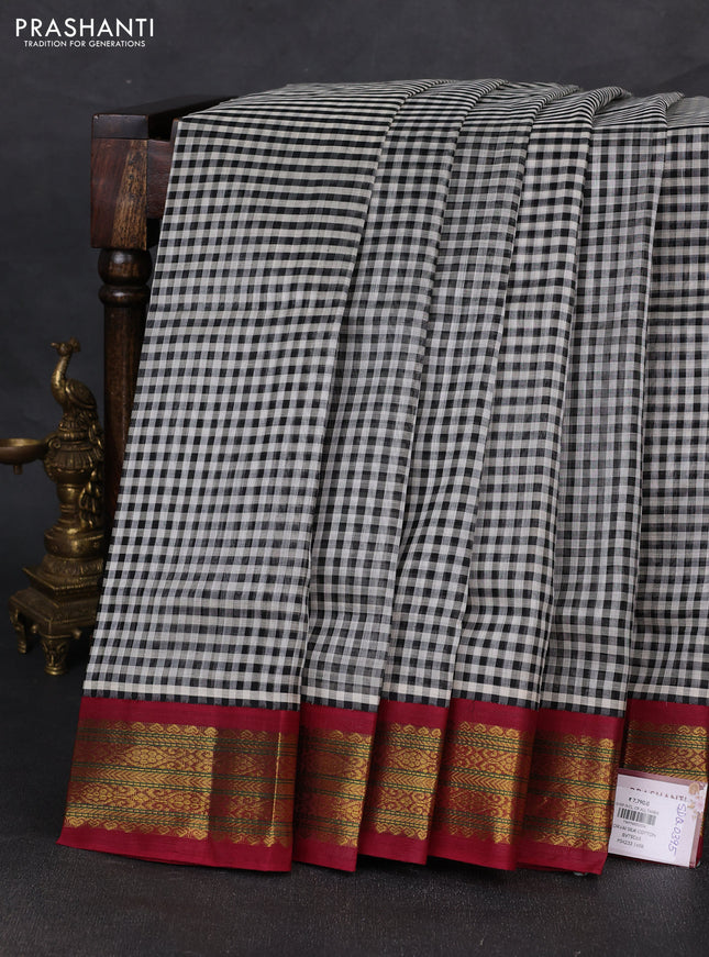 Silk cotton saree black and maroon with allover paalum pazhamum checked pattern and zari woven korvai border