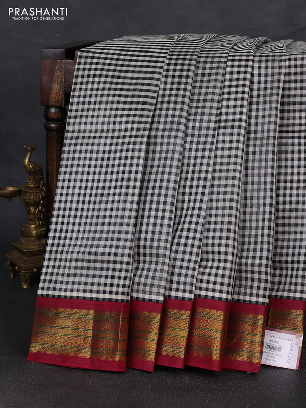 Silk cotton saree black and maroon with allover paalum pazhamum checked pattern and zari woven korvai border