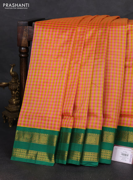 Silk cotton saree candy pink and green with allover paalum pazhamum checked pattern and zari woven korvai border