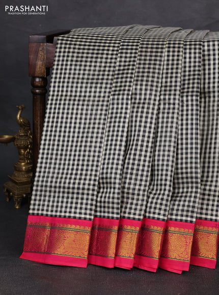 Silk cotton saree black and pink with allover paalum pazhamum checked pattern and zari woven korvai border