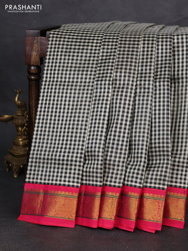 Silk cotton saree black and pink with allover paalum pazhamum checked pattern and zari woven korvai border