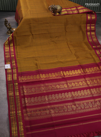Silk cotton saree mustard yellow and wine shade with allover paalum pazhamum checked pattern and zari woven korvai border