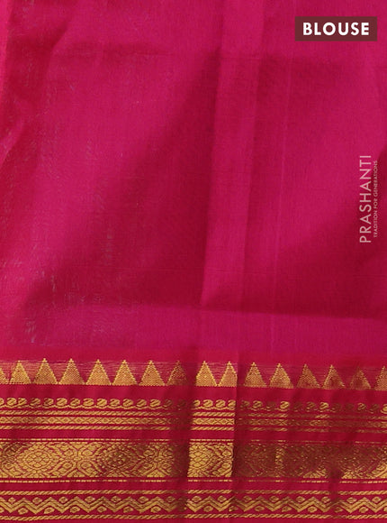 Silk cotton saree teal green and pink with allover zari checked pattern and temple zari woven korvai border