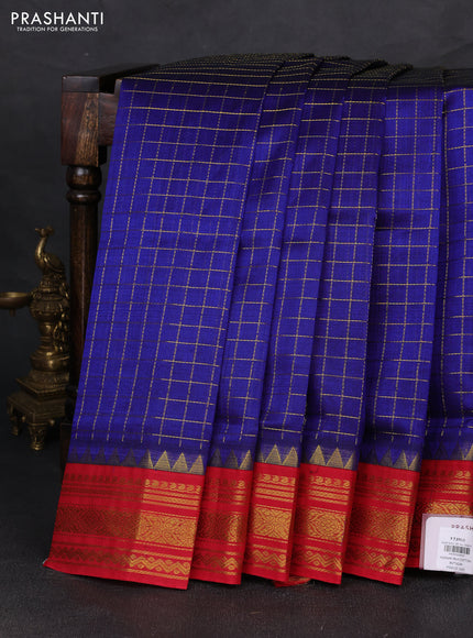 Silk cotton saree blue and red with allover zari checked pattern and temple zari woven korvai border