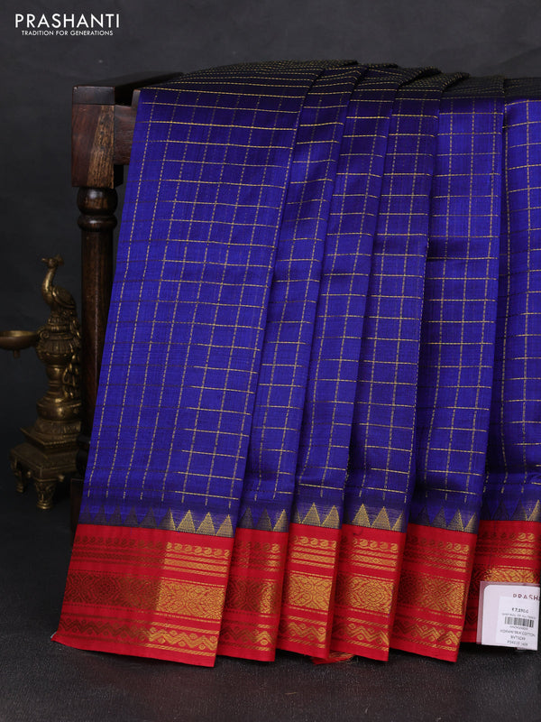 Silk cotton saree blue and red with allover zari checked pattern and temple zari woven korvai border