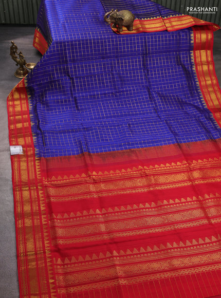 Silk cotton saree blue and red with allover zari checked pattern and temple zari woven korvai border
