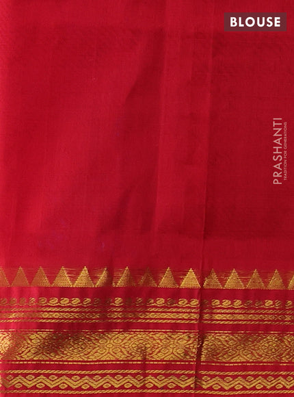 Silk cotton saree blue and red with allover zari checked pattern and temple zari woven korvai border