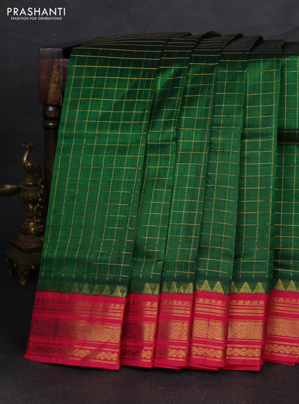 Silk cotton saree bottle green and pink with allover zari checked pattern and temple zari woven korvai border
