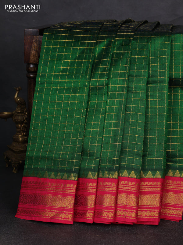 Silk cotton saree bottle green and pink with allover zari checked pattern and temple zari woven korvai border