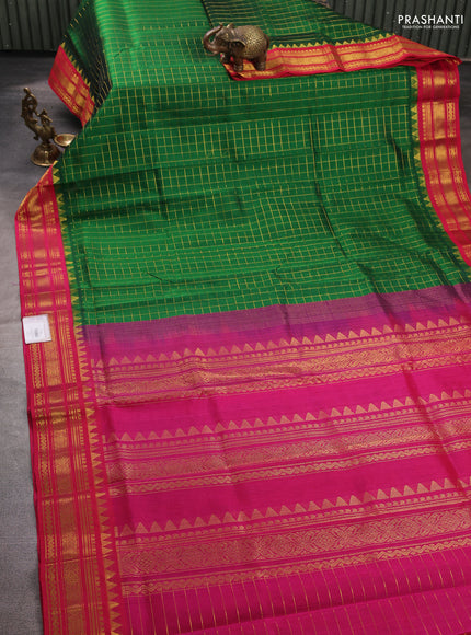 Silk cotton saree bottle green and pink with allover zari checked pattern and temple zari woven korvai border