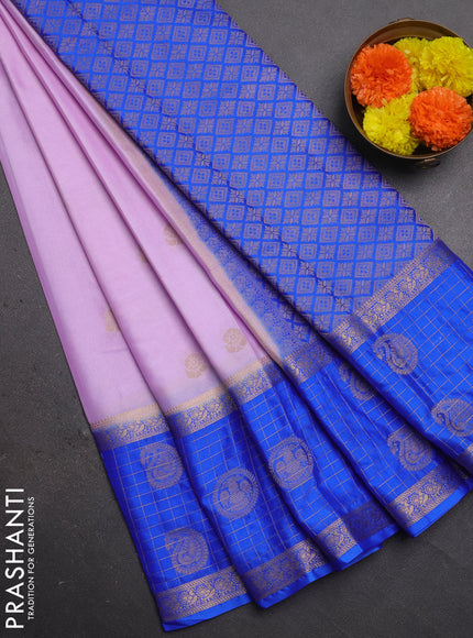 Semi mysore silk saree mild lavender and royal blue with zari woven buttas and long zari woven butta border