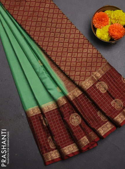 Semi mysore silk saree teal green and maroon with zari woven buttas and long zari woven butta border
