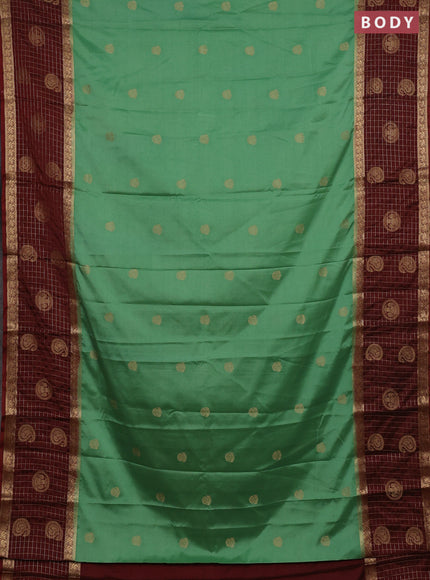 Semi mysore silk saree teal green and maroon with zari woven buttas and long zari woven butta border