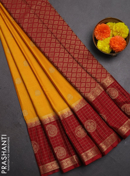 Semi mysore silk saree mustard yellow and maroon with zari woven buttas and long zari woven butta border