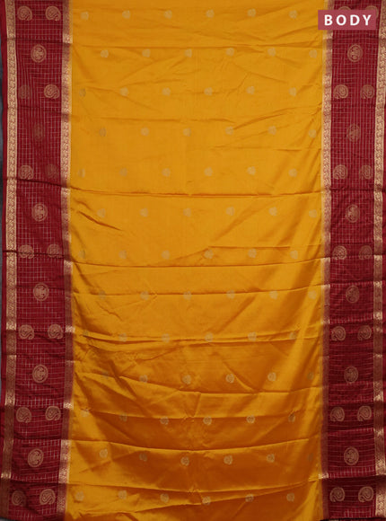 Semi mysore silk saree mustard yellow and maroon with zari woven buttas and long zari woven butta border