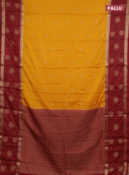 Semi mysore silk saree mustard yellow and maroon with zari woven buttas and long zari woven butta border