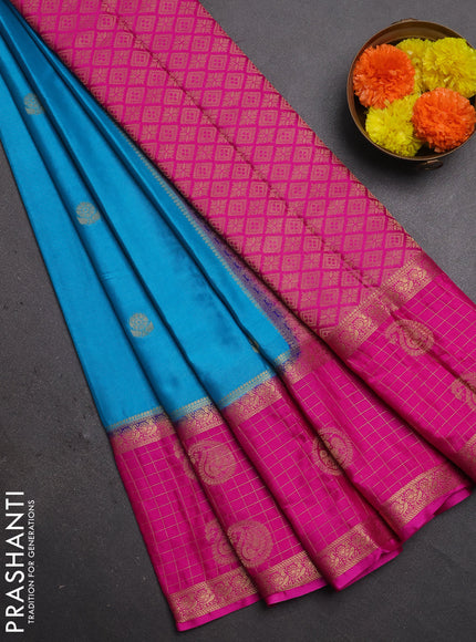 Semi mysore silk saree cs blue and pink with zari woven buttas and long zari woven butta border