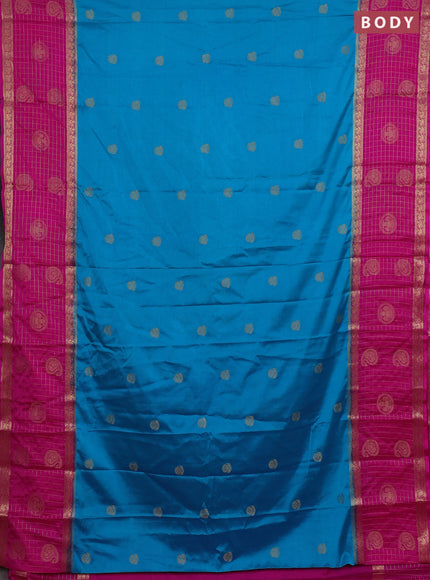 Semi mysore silk saree cs blue and pink with zari woven buttas and long zari woven butta border