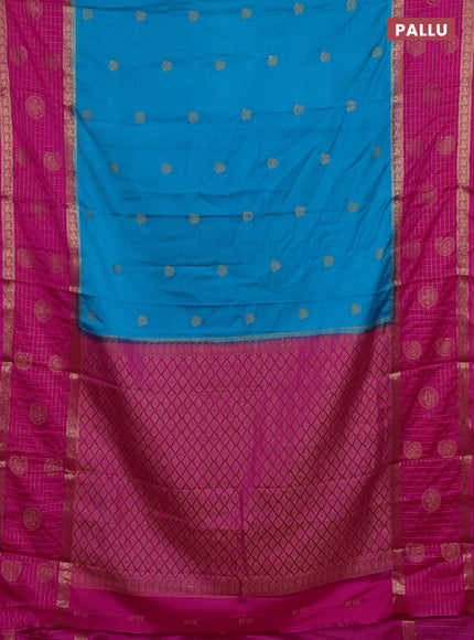 Semi mysore silk saree cs blue and pink with zari woven buttas and long zari woven butta border