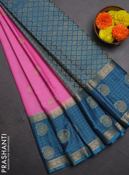 Semi mysore silk saree lotus pink and peacock blue with zari woven buttas and long zari woven butta border