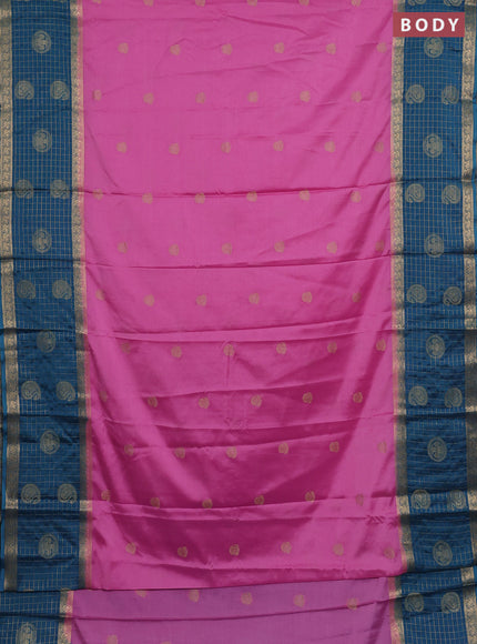 Semi mysore silk saree lotus pink and peacock blue with zari woven buttas and long zari woven butta border