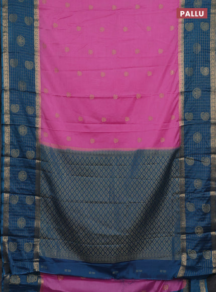 Semi mysore silk saree lotus pink and peacock blue with zari woven buttas and long zari woven butta border