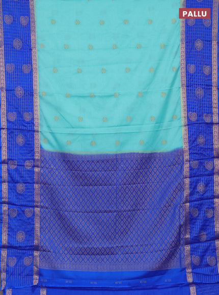 Semi mysore silk saree teal blue and royal blue with zari woven buttas and long zari woven butta border