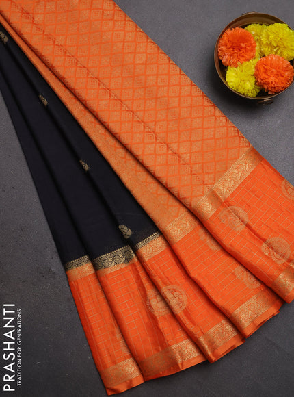Semi mysore silk saree black and orange with zari woven buttas and long zari woven butta border