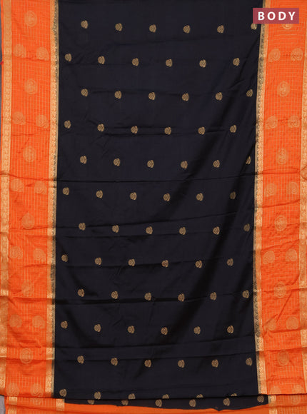 Semi mysore silk saree black and orange with zari woven buttas and long zari woven butta border